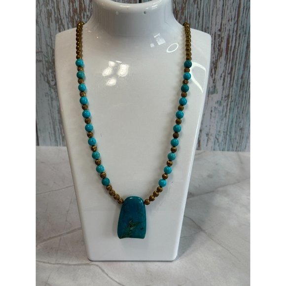 Southwestern Blue Phoenix Stone Faux Turquoise Brass Beaded Necklace - Picture 1 of 7